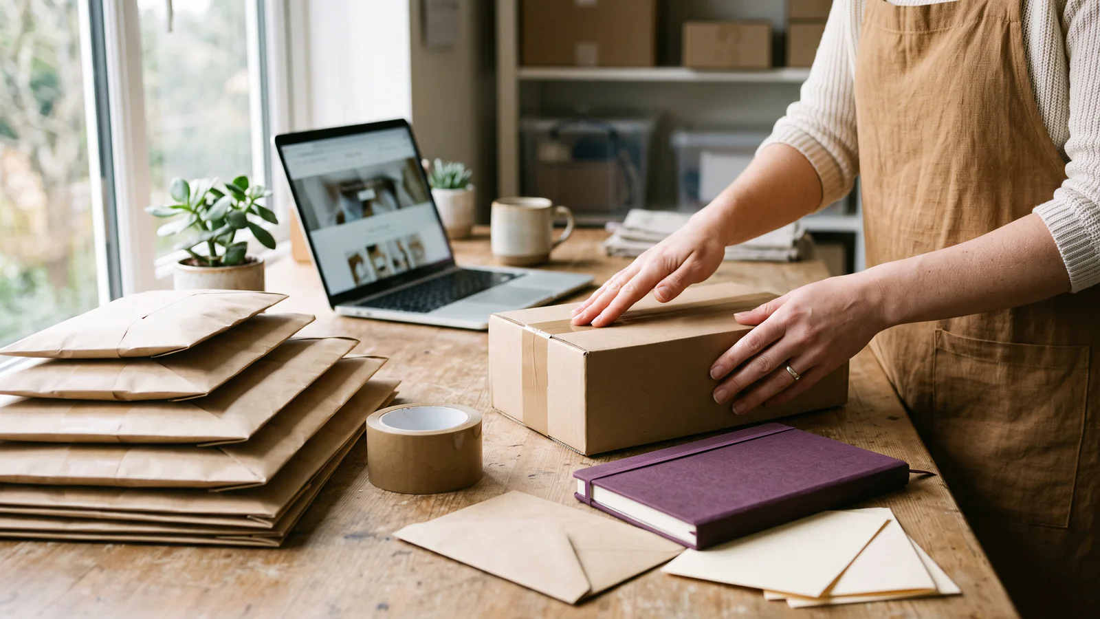 Symbolbild: Hände verschließen auf einem Holztisch ein Paket, daneben ein Laptop mit Online-Shop, Versandumschläge und ein aubergine-farbenes Notizbuch